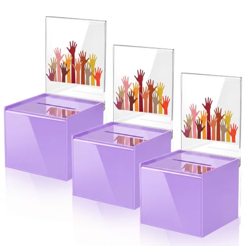 Bucherry Acrylic Donation Box with Slot, 6 x 5 x 5 Inches Ballot Suggestion Raffle Ticket Box with Sign for Fundraising, Raffle, Collecting, Donating, Voting(Purple,3 Pcs) - color: Purple