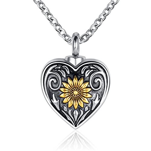 Sunflower Heart Cremation Urn Necklace for Ashes Women Men Keepsake Stainless Steel Memorial Pendant for Dad Mom Human Ashes