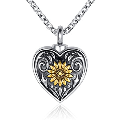 Sunflower Heart Cremation Urn Necklace for Ashes Women Men Keepsake Stainless Steel Memorial Pendant for Dad Mom Human Ashes