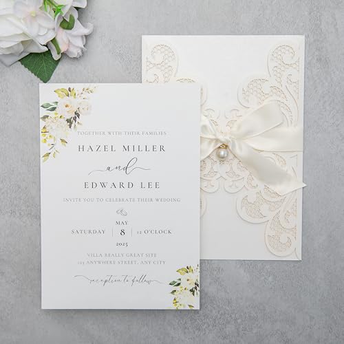 20Pcs Personalized Wedding Invitation, Customized Ivory Laser Cut Invitation Cards With Envelopes Rhinestone Pearls and Ribbons For Wedding XV Anos Quinceanera Invitation - color: 20pcs-Customized Ivory