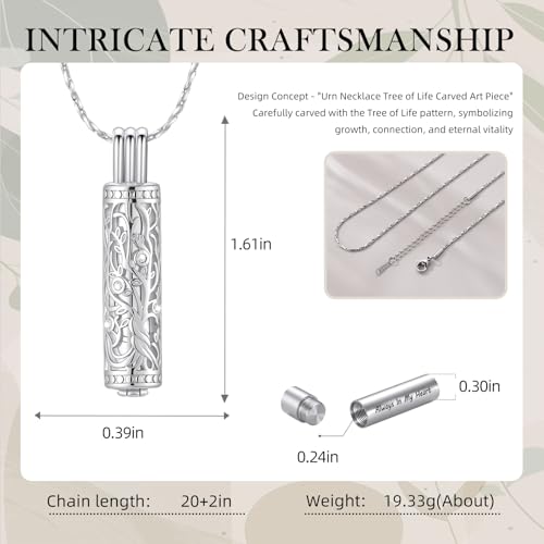 Cylinder Urn Necklace Crystal Tree of Life Cremation Jewelry Pendant for Women Men Vial Cremation Ash Pendant Loved One Memorial Jewelry with Mini Keepsake Urn Ash - Always In My Heart - color: Silver-Always In My Heart