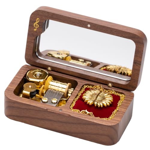 BELLA GLOBE You Are My Sunshine Music Box with You Are My Sunshine Sunflower Necklace Gift for Women Mom Grandma Daughter Sunflower Pendant Necklace in Wind Up Wood Jewelry Music Box - color: Music Box with Necklace