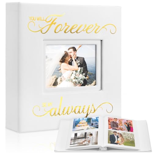 Dunzoom Memory Photo Album Holds 200 Pcs 4 x 6 Inch Leather Wedding Anniversary Family Photo Album with Front Window Double Heart Memory Scrapbook for Couple Gifts(Forever Always) - style: Wedding