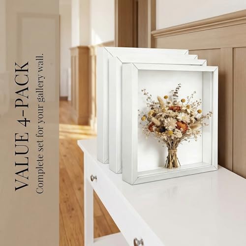 4 Pack Shadow Box Frame Display Cases, 8"x 10" Wood Deep Black Handicrafts Shadowbox for Flowers Jersey Wedding (White) - color: White