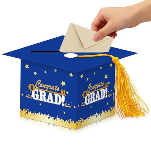 Graduation Card Box with Tassel – Cardboard Grad Card Holder for Graduation Party Decorations 2026, Large Capacity Money Box for Gift Cards Blue - color: Blue