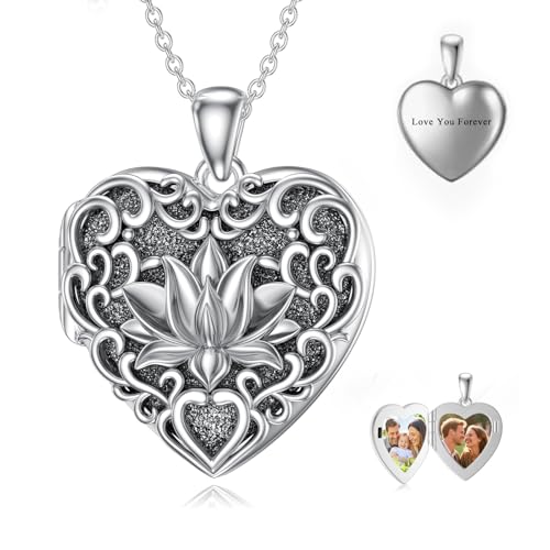 Dorunmo Personalized Heart Locket Necklace That Holds 2 Picture 925 Sterling Silver Custom Lockets Pendant Memorial Jewelry Gifts for Mom Sisters - color: Lotus, style: Personalized-Photo+Text