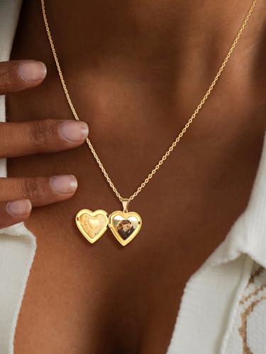U7 Women Locket Necklace, Heart Photo Lockets Hold Picture, Gift Box Packed - color: gold