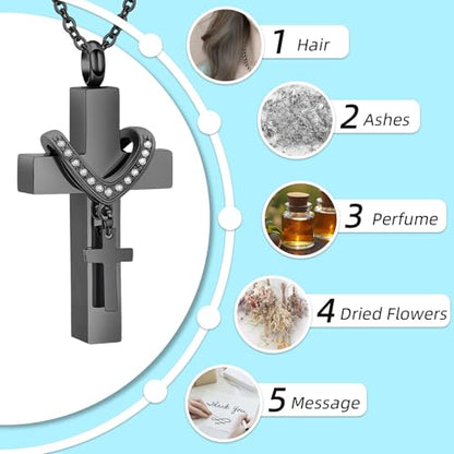 Cremation Jewelry for Ashes Pendant - Cross Urn Necklace with Mini Keepsake Urn Memorial Ashes Jewelry - With Me Always - color: Black