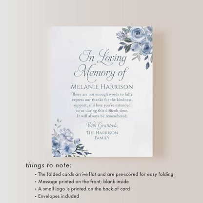 Soft Blue Floral Sympathy Thank You Cards, Folded Watercolor | Personalized, In Loving Memory Notes, Elegant Light Navy, Custom Memorial/Funeral Acknowledgment Set with Name