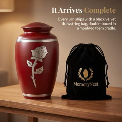 Red Rose Cremation Urn for Ashes Adult Female, 220 Cubic Inches | Hand-Engraved Rose, Solid Metal Build, Threaded Lid, Velvet Bag Included, Burial or Display Ready, Holds 220 Pounds - color: Red