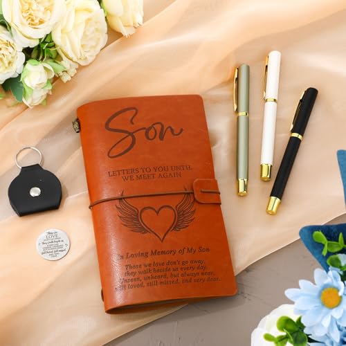 Fulmoon Memorial Gifts for Loss of Son, Letters to My Son in Heaven Included 1 Grief Journal Travel Photo Diary Journal 1 Pocket Hug 1 PU Leather Keychain 3 Ballpoint Pens Bereavement Gifts - style: Son