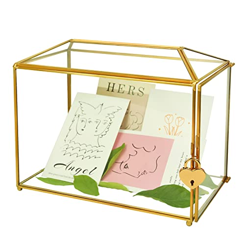 Wedding Gold Glass Card Box with Lock and Slot - Wedding Envelope Card Holder for Reception Handmade Gold Decorative Glass Terrarium, Party Centerpiece Gift Card Box Handmade Vintage Wedding Card Box - color: Gold with Lock