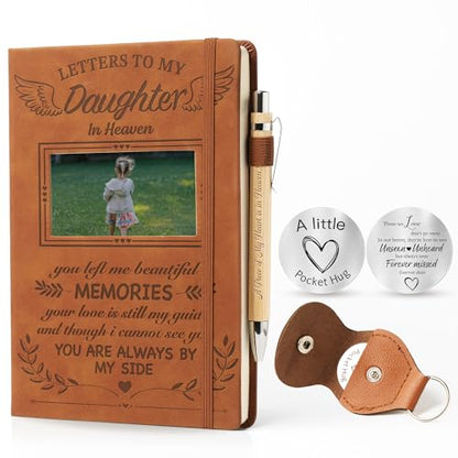 Letters To My Daughter in Heaven Leather Journal 200 Pages Notebook Photo Window in Cover, Memorial Pocket Hug Keychain, Angel Baby Child Loss Bereavement Gifts for Parent - style: Daughter