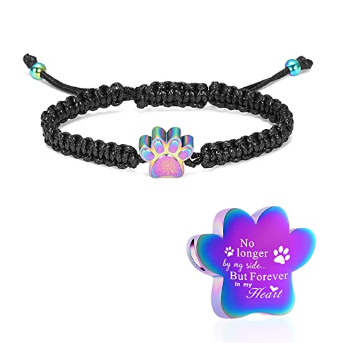 constantlife Cremation Bracelet for Ashes Stainless Steel Paw Print Urn Jewelry Braided Rope Adjustable Bangle Keepsake Pet Dog Cat Ash Holder Memorial Gift for Women Men - color: Colorful