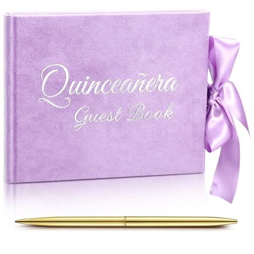 Panelee Velvet Quinceañera Guest Book with Pen Purple Sign in with Bow 15 Year Anos Quince Book 144 Page Signature Guest Sign in Keepsake Album for Birthday Party Keepsake Gift - color: Purple