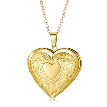 Locket Picture Pendant Heart Necklace,Retro Carved Flower Relief Pattern Oval Center Necklace Souvenir Memorial Clavicle Jewelry for Women - color: gold