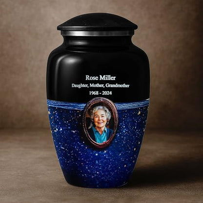Blue Galaxy Photo Urn for Human Ashes – Personalized Cremation Tribute with Portrait, Name & Dates, Starry Sky Memorial Keepsake, Made in USA (Large) - size: Large