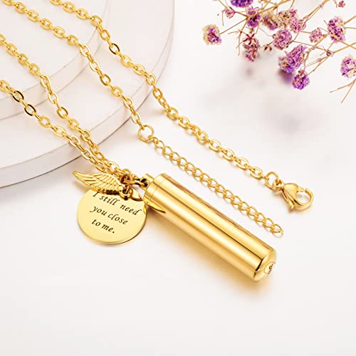 abooxiu Cylinder Urn Necklace for Ashes Cremation Jewelry/Keychain for human Pet Stainless Steel Memorial Keepsake Pendant with Angel Wing Charm Ashes - color: Gold-L