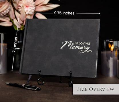 in Loving Memory Funeral Guestbook w/Pen & Box (Design 1) - 9.5 x 7 Black Hardcover with Sliver Embossing, 60 Lined Pages - Memorial Service & Celebration of Life Guest Book Keepsake - color: Design 1