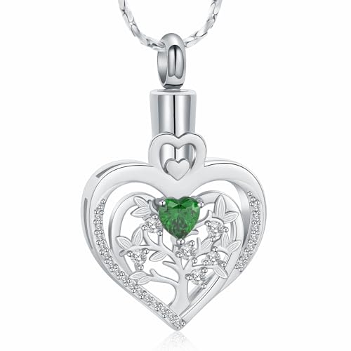 Imrsanl Tree of Life Heart Urn Necklace for Ashes Loved Ones Keepsake Cremation Jewelry Funeral Memorial Ashes Holder Pendant for Women - color: Silver-Green