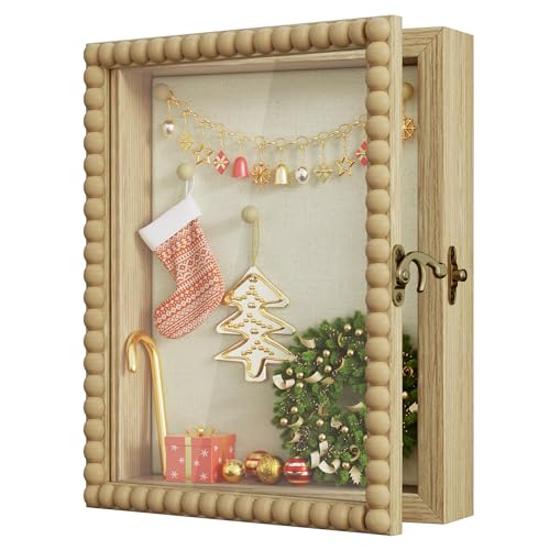 Love-KANKEI Deep Shadow Box 8x10,Unique Solid Wood Beads Frame,Natural | Front-Opening Glass Door，Metal Latch-Lock,Assembly-Free,Tabletop & Wall-Mount,Memory Box,Gift,Display Photos,Awards,Medals - color: Natural, size: 8x10