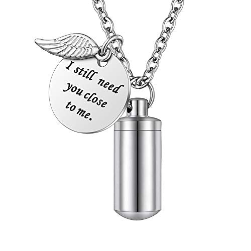 abooxiu Cylinder Urn Necklace for Ashes Cremation Jewelry/Keychain for human Pet Stainless Steel Memorial Keepsake Pendant with Angel Wing Charm Ashes - color: Silver-S
