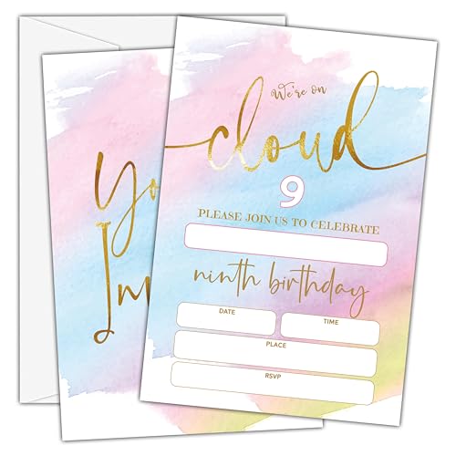 Birthday Invitations - 9th Birthday Invites with Envelopes(25-Count) - We're on Cloud 9 Fill-in Party Invite Cards for Boys Girls Kids Party Supplies Favors Decorations - A21 - style: We're on Cloud 9