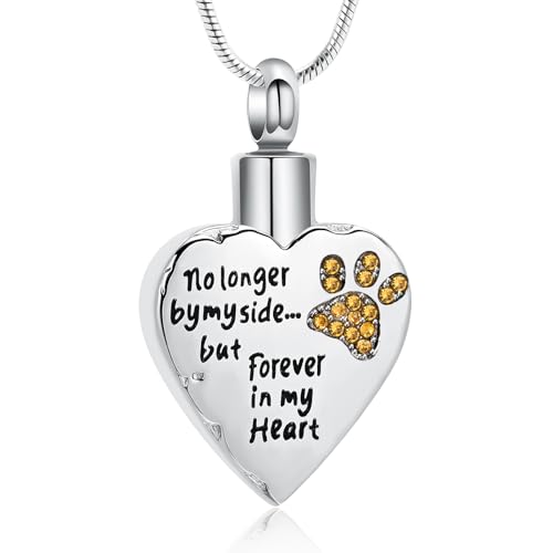 memorial jewelry No Longer by My Side,But Forever in My Heart Carved Locket Cremation Urn Necklace for Pet Dog Cats - color: Yellow