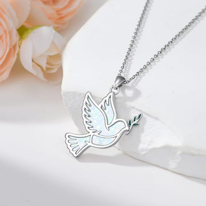 Dove/Hummingbird/Red Cardinal/Dragonfly/Butterfly Necklace 925 Sterling Silver Turquoise/Opal/MoonStone/Crystal/Malachite Bird Necklace Dove Pendant Jewelry for Women Men - color: Dove White Opal
