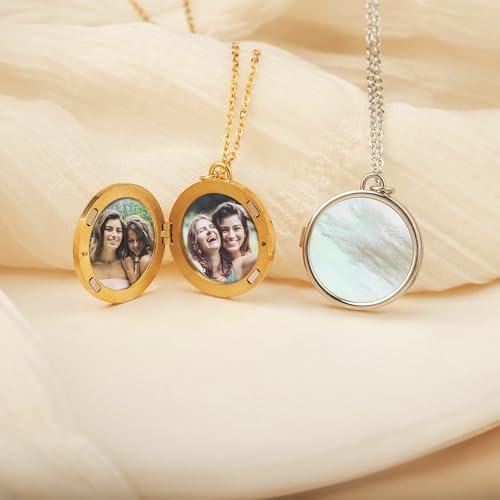 Anavia Personalized Photo Locket Necklace, Mother of Pearl Shell Handmade Custom Engraved Gold Plated Stainless Steel Pendant Necklace Jewelry Gift for Her Women Mother - color: Silver, size: Round