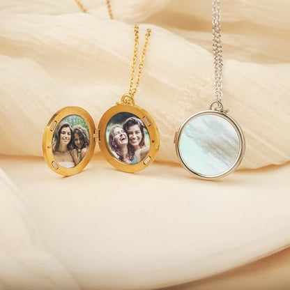 Anavia Personalized Photo Locket Necklace, Mother of Pearl Shell Handmade Custom Engraved Gold Plated Stainless Steel Pendant Necklace Jewelry Gift for Her Women Mother - color: Silver, size: Round