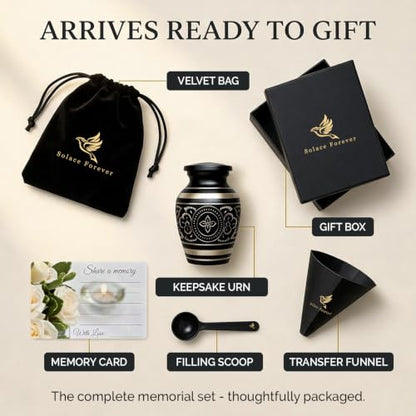 Small Urns for Human Ashes – Brass Hand-Engraved Funeral Keepsake with Elegant Black Finish – Mini Cremation Memorial for Mom, Dad & Loved Ones - color: Black