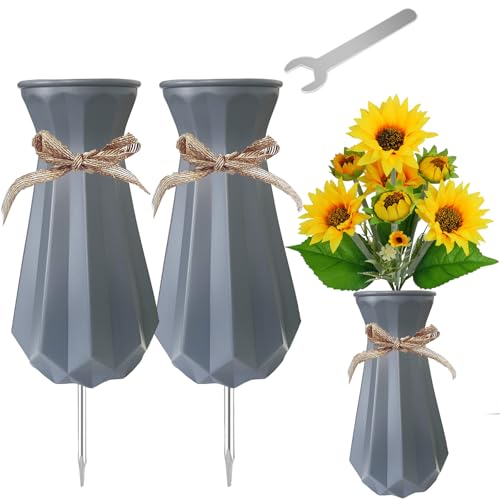 2PCS Cemetery Vases for Grave-Durable Plastic Grave Vases Flower Holder with Metal Spikes Bow Decor for Cemetery Headstones, Outdoor Grave Decorations for Memorial Gifts for Loss of Loved One - Grey - color: Gray
