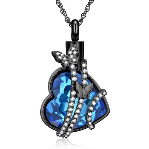 shajwo Butterfly Heart Urn Necklaces Cremation Jewelry for Ashes for Women Men Memorial Human Ashes Pendant - color: a-Black-blue