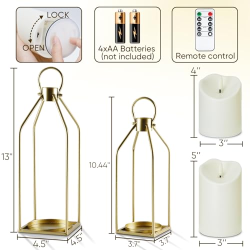 Homemory Modern Farmhouse Gold Metal Lanterns 2PCS with Flameless Candle - color: Gold
