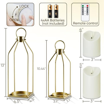 Homemory Modern Farmhouse Gold Metal Lanterns 2PCS with Flameless Candle - color: Gold