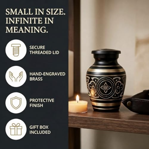 Small Urns for Human Ashes – Brass Hand-Engraved Funeral Keepsake with Elegant Black Finish – Mini Cremation Memorial for Mom, Dad & Loved Ones - color: Black
