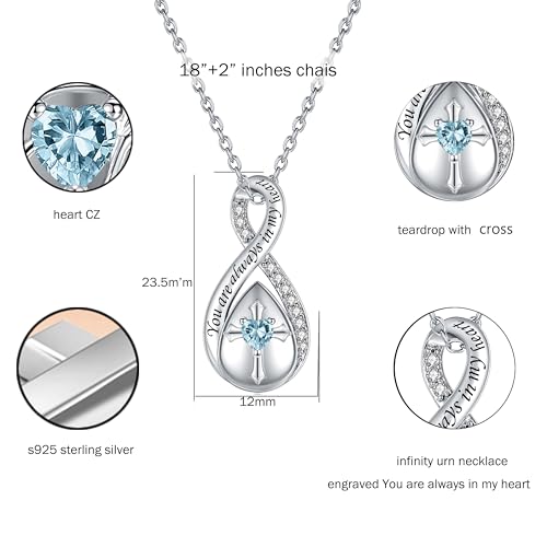 ZOEXUE Infinity Cross Cremation Jewelry - S925 Sterling Silver Cross Urn Necklace for Women - Birthstone Cross with Heart CZ Ashes Keepsake Pendant Memorial Urn Jewelry Gift for A Loss Loved Ones - color: L-Aquamarine
