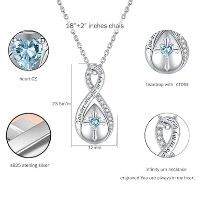 ZOEXUE Infinity Cross Cremation Jewelry - S925 Sterling Silver Cross Urn Necklace for Women - Birthstone Cross with Heart CZ Ashes Keepsake Pendant Memorial Urn Jewelry Gift for A Loss Loved Ones - color: L-Aquamarine