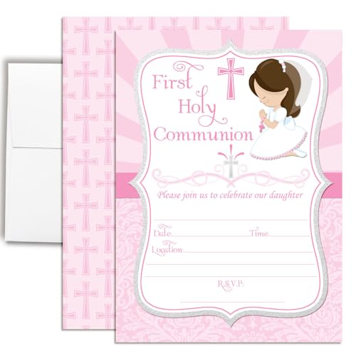 First Holy Communion Religious Party Invitations for Girls (Light Skin, Brown Hair), 20 5x7 Fill In Cards with Twenty White Envelopes by AmandaCreation - style: Light Skin, Brown Hair Girl