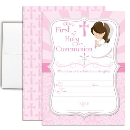 First Holy Communion Religious Party Invitations for Girls (Light Skin, Brown Hair), 20 5x7 Fill In Cards with Twenty White Envelopes by AmandaCreation - style: Light Skin, Brown Hair Girl