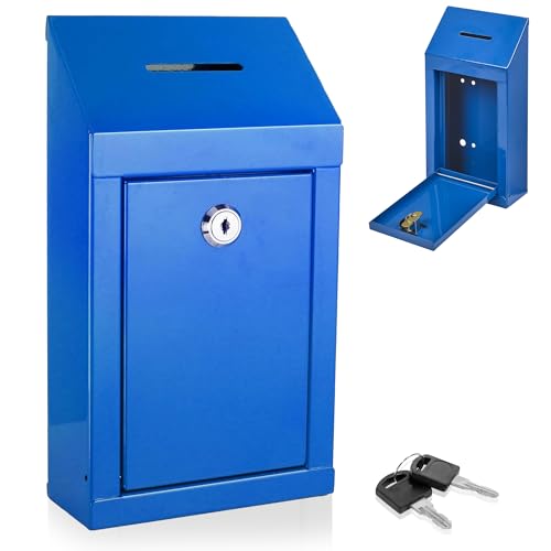 Metal Donation Box-Suggestion Box with Slot and lock-Cash Lock box for Money-Secure Drop Box-Comment and ballot voting box-comes with pre-drilled holes for easy wall mounting 10 X 6 X 2.5"(Blue) - color: Blue, size: Wall Mount Box with Lock