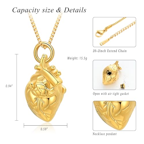 XSMZB Heart Cremation Jewelry Ashes Pendant for Human Pet Funeral Urn Necklace for Ashes Women Men Memorial Urn Jewelry - color: Gold