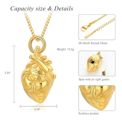 XSMZB Heart Cremation Jewelry Ashes Pendant for Human Pet Funeral Urn Necklace for Ashes Women Men Memorial Urn Jewelry - color: Gold