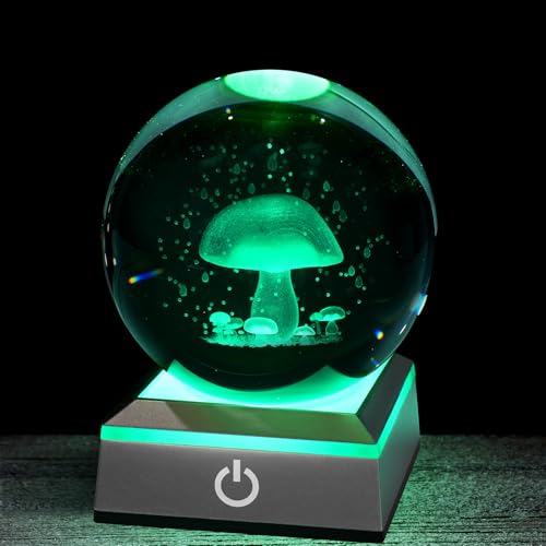3D Mushroom Crystal Night Light with Multicolor LED Base Glass Laser Engraved Mushroom Figurines Gifts for Boys Girls Lovers Birthday Christmas Room Decor - color: Mushroom