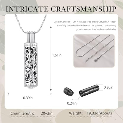 Cylinder Urn Necklace Crystal Tree of Life Cremation Jewelry Pendant for Women Men Vial Cremation Ash Pendant Loved One Memorial Jewelry with Mini Keepsake Urn Ash - Always In My Heart - color: Silver-Black-Always In My Heart