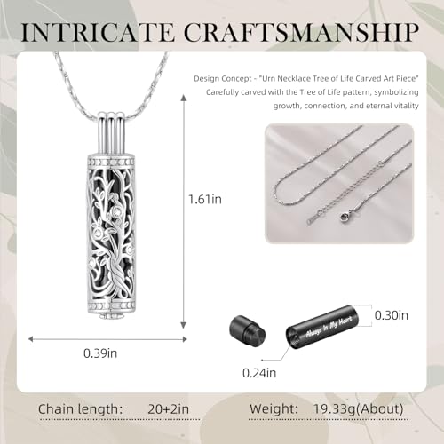 Cylinder Urn Necklace Crystal Tree of Life Cremation Jewelry Pendant for Women Men Vial Cremation Ash Pendant Loved One Memorial Jewelry with Mini Keepsake Urn Ash - Always In My Heart - color: Silver-Black-Always In My Heart