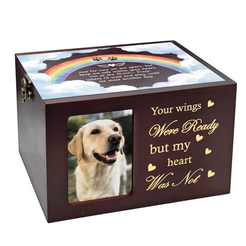 Pet Urns for Dog or Cat Ashes, Wooden Dog Urn for Ashes Memorial Keepsake Box with Photo Frame, Large Pet Cremation Urn with Flannel Lining, Loss Pets Remembrance Gift (Rainbow Bridge) - color: Rainbow Bridge-brown, size: Medium