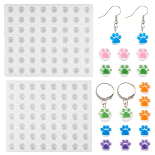 2Pcs Paw Print Silicone Molds Pet Cat Footprint Wax Melt Molds 118-119mm for Cabochon Keychain Earring Jewelry Crafts Decoration - color: White-Small Paw Print
