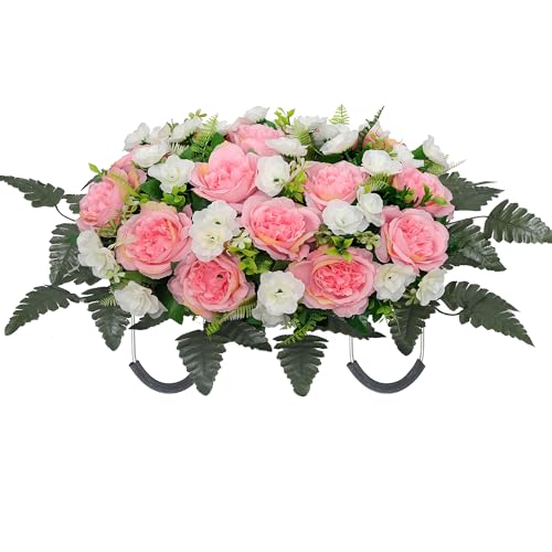 Cemetery Flower Saddle,Artificial Graveyard Flowers Grave Decorations,Headstone Flower Saddle Fade,Artificial Peonies Grave Memorial Flowers for Headstones Decoration (Pink White) - color: Pink White